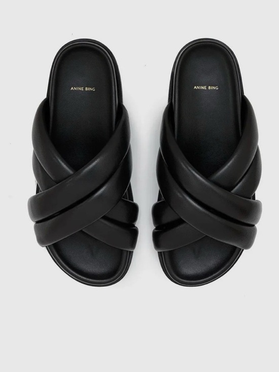 Anine Bing Shoes - ANINE BING Black Leather Lizzie Slides Puffy Criss Cross Sandals EU 38 US 8